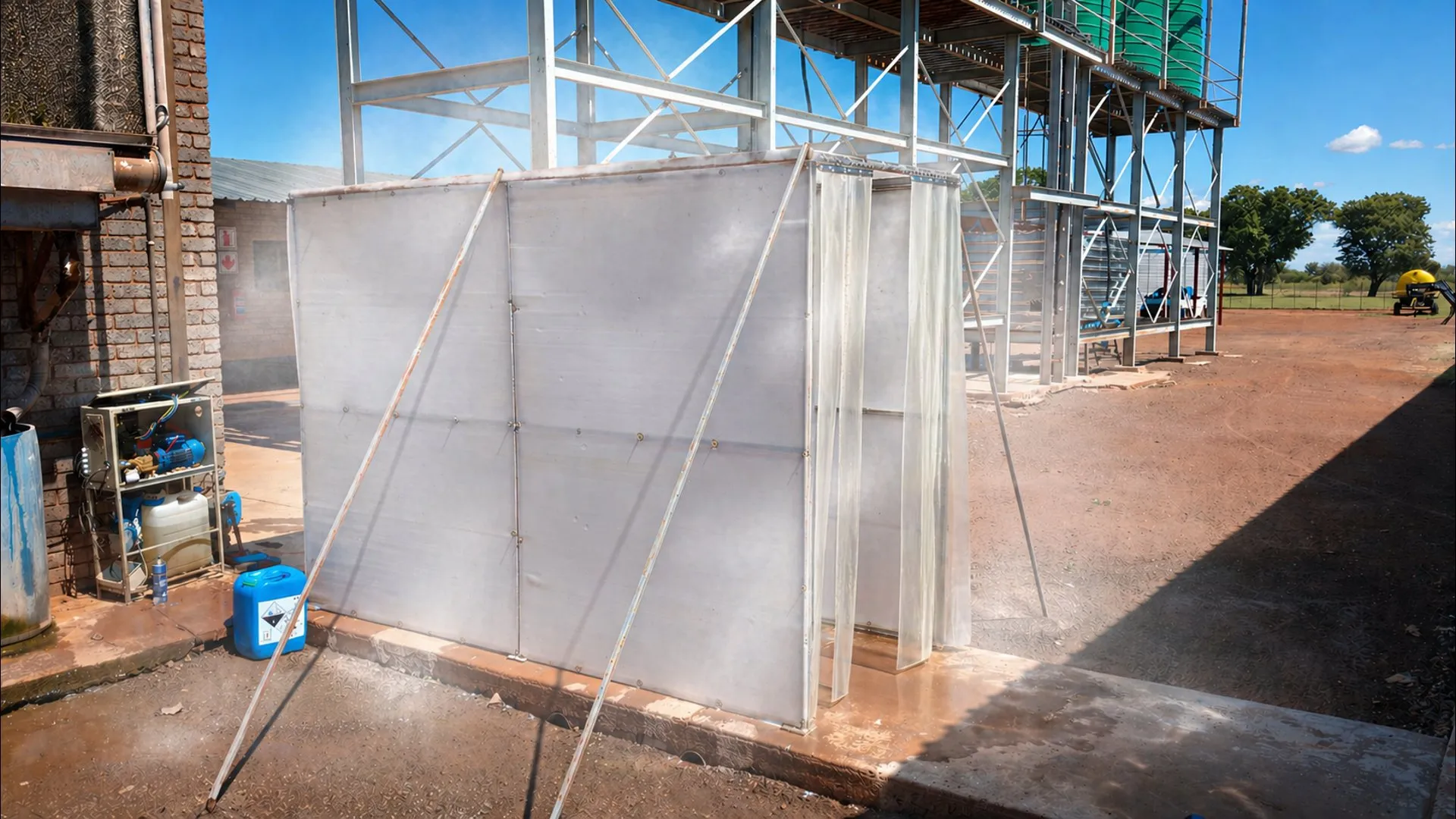 Poultry farm biosecurity personnel sanitizing tunnel South Africa